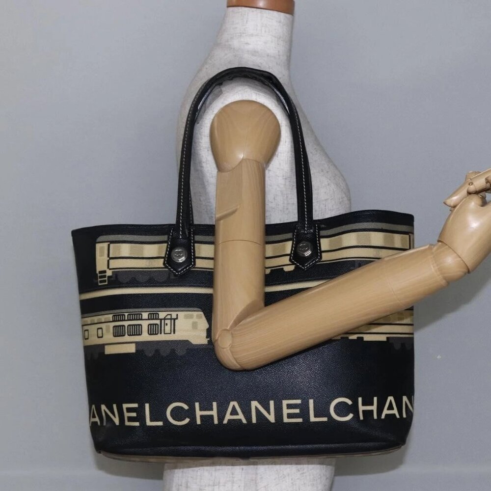 CHANEL Central Station Tote Bag PVC Canvas Black Silver CC Auth BA6549